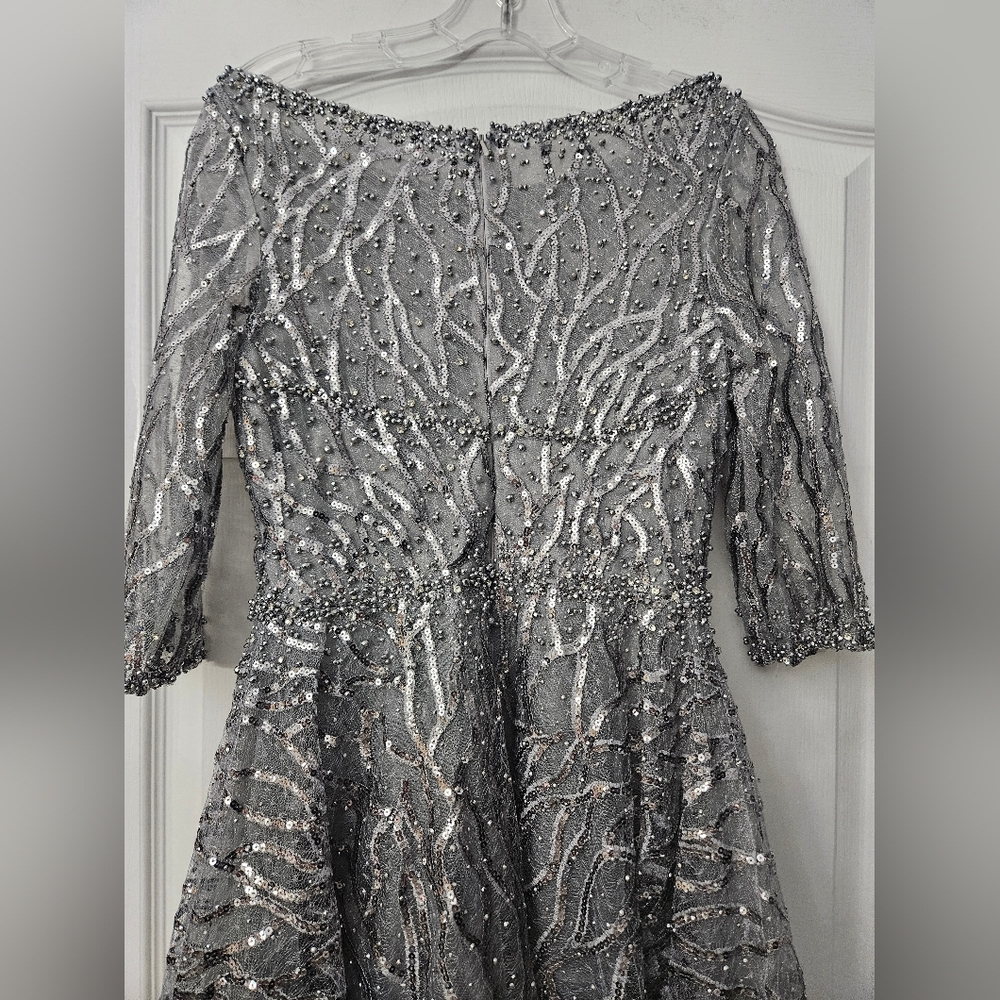 NWT Mac Duggal Silver High Neck Above Elbow Sleeve Embellished A Line Dress SZ 4 - Picture 8 of 11